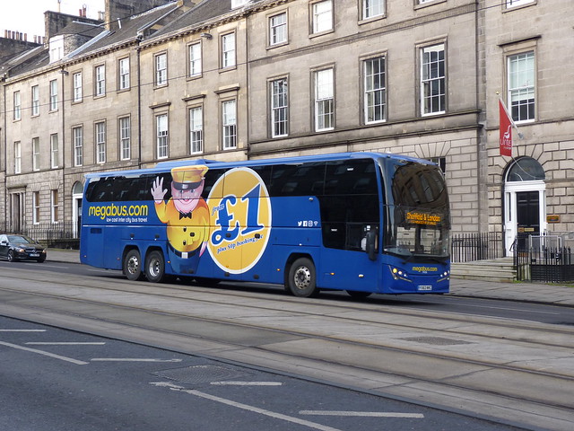 Stagecoach Volvo B11RT Plaxton Elite i YX63NHC 54216, in Megabus livery, at York Place prior to entering Edinburgh Bus Station to operate the M20 Sheffield and London service on 21 December 2017.