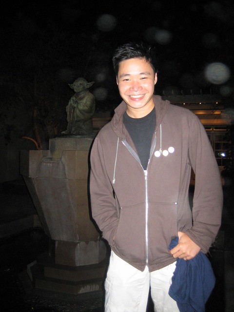 Kev does the tourist photo in front of the Yoda Fountain