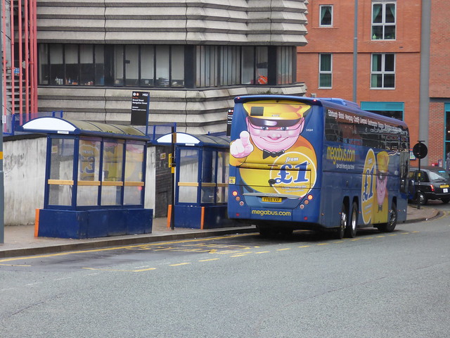 Megabus on Brunel Street near New Street Station Signalbox