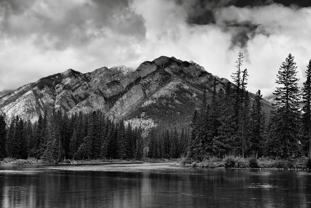 Mount Norquay and a Setting Along the Banks of the Bow River (Black & White)