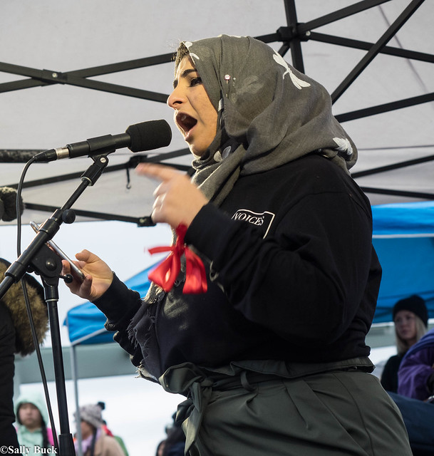 Noor Fadel speaking at the Women's March 2018 Vancouver, Canada