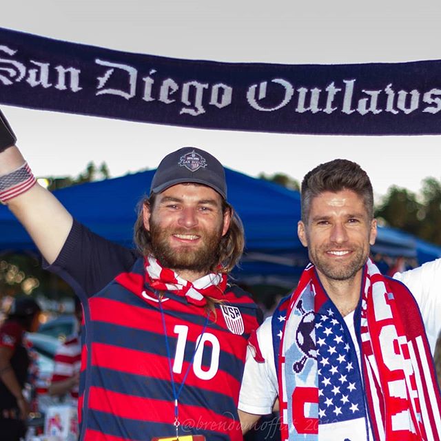 Soccer commentator and retired #usmnt player #KyleMartino (left), who is running for US Soccer President, with an @ao_sandiego @americanoutlaws member at the tailgate before the #usavbih game in January.  See more photos from the January #uswnt and USMNT