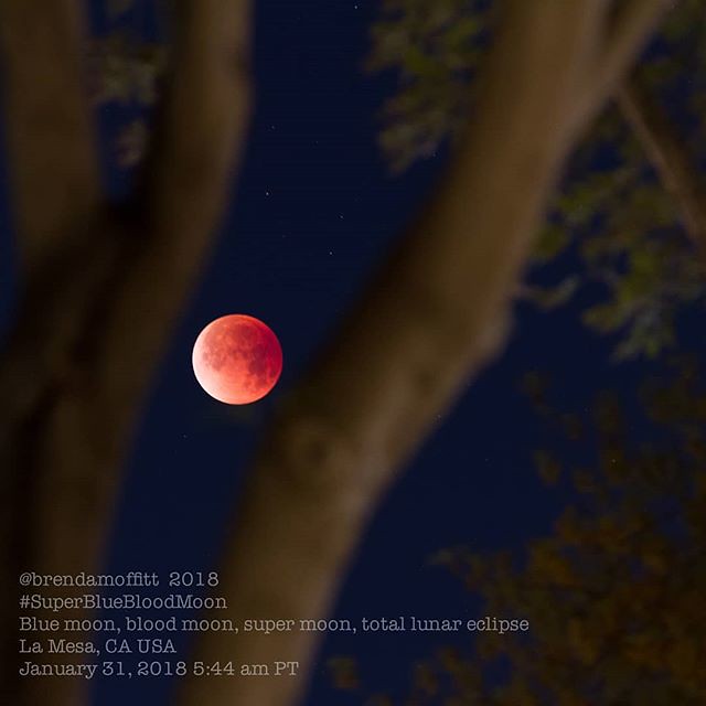 #superbluebloodmoon #lunareclipse #superbluebloodmoonsd January 31, 2018, 5:44 am PT in La Mesa, California.  At 4:50 am, when it was completely dark, I thought it was a great idea to go outside in my pajama pants and a light sweater. By 6:30 am, when it