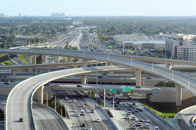 Aerial vew of intersecting highways, the Palmetto Expressway and the Dolphin Expressway, Miami, Florida