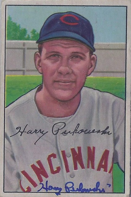 1952 Bowman - Harry Perkowski #202 (Pitcher) (b. 6 Sep 1922 - d. 20 Apr 2016 at age 93) - Autographed Rookie Baseball Card (Cincinnati Reds)