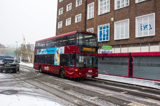Salisbury Reds Scania Omnicity operating on route X7 during the snow