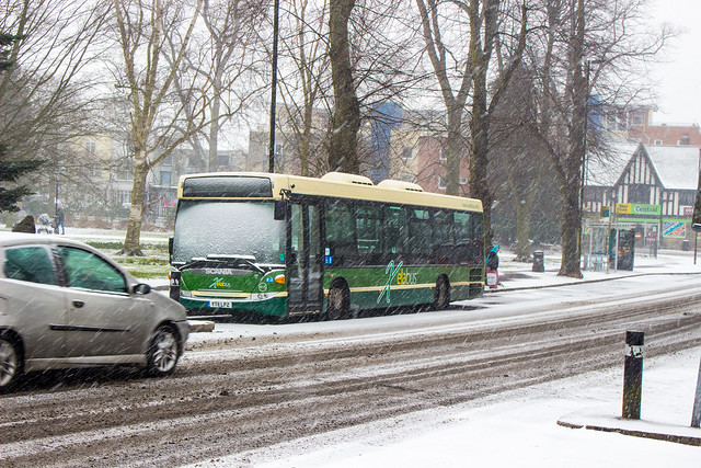 Xelabus buses operating in Southampton during the snow caused by Storm Emma