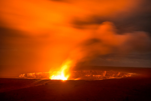 red volcanonationalpark volcano halemaumaucrater crater fire night clouds vog fog longexposure