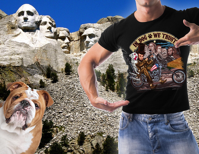 In Dog We Trust, President Lincoln riding Easyrider motorcycle with bulldog