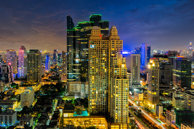 Sunset scence of Bangkok skyline Panorama and Skyscraper