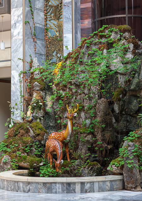 Plastic deers as decoration in hyangsan hotel lobby, Hyangsan county, Mount Myohyang, North Korea