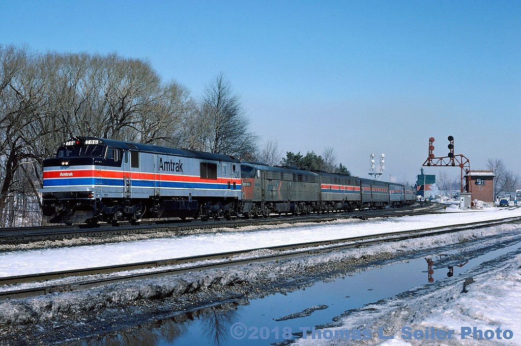 AMTRAK P-30CH 706 LEADS A VERY LATE #49 WEST PAST BE TOWER - BEREA, OHIO - MARCH 9, 1978