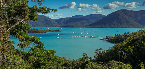 shuteharbour airliebeach northqueensland queensland australia harbour trees mountains nationalpark boats turquoisewater hightide summer