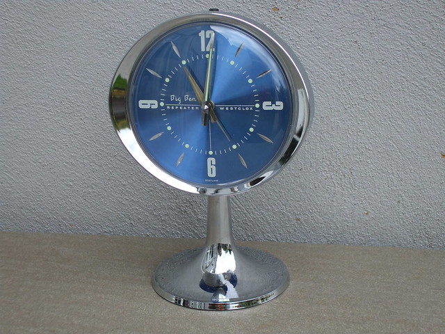 Retro 1970's Mid Century Big Ben Chrome Space Age Pedestal Alarm Clock Electric Blue Face