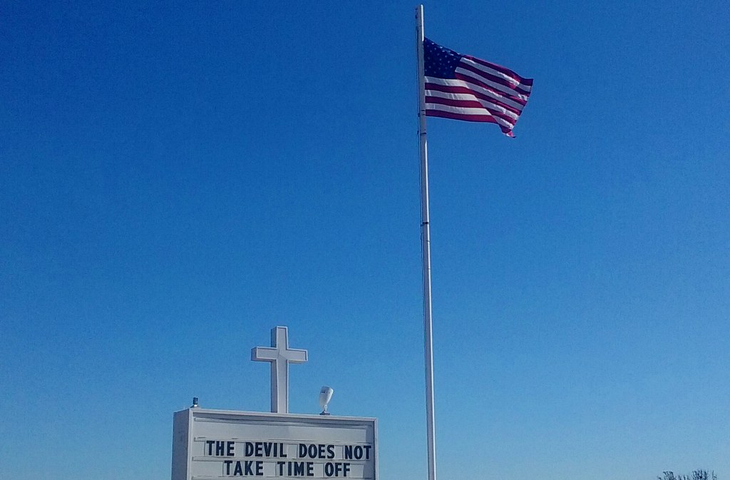 Cross, Sign & US flag: