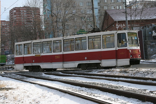 Vladivostok tram КТМ-5М3 series between Shkolnaya.Sta and Klubnaya.Sta, Vladivostok, Primorsky Krai, Russia /Jan 3, 2018