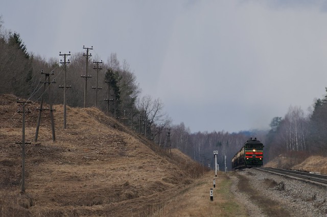 Telegraph poles and an eastbound freight train with a BCh 2TE10