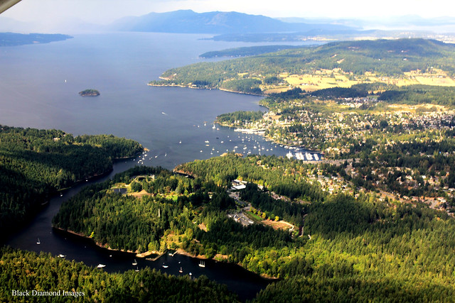 View over Tod Inlet, Butchart Gardens & Brentwood Bay - Seaplane Flight, Victoria, British Columbia, Canada