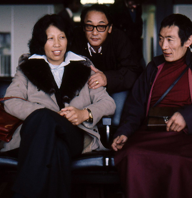 HH Jigdal Dagchen Sakya with Chimey Wangmo (mother of Rabjam Rinpoche), at the airport when HH Dilgo Khyentse Rinpoche visited the Seattle Dharma Center, 1976 SeaTac Airport, Seattle, Washington, USA