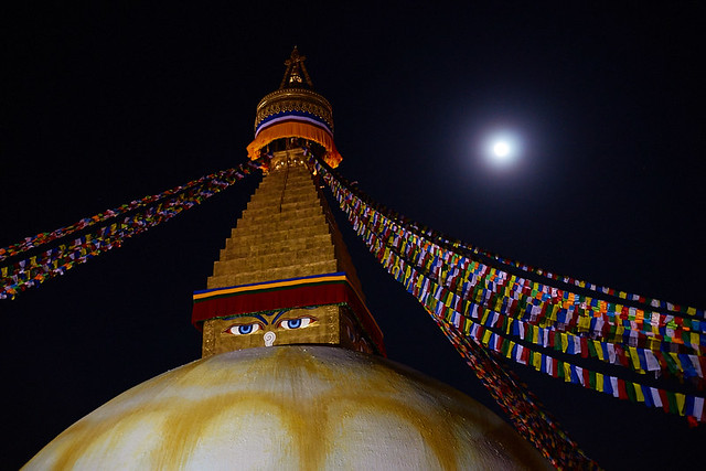 Buddhist stupa of Boudhanath under the moonlight, Boudhanath, Kathmandu, Nepal