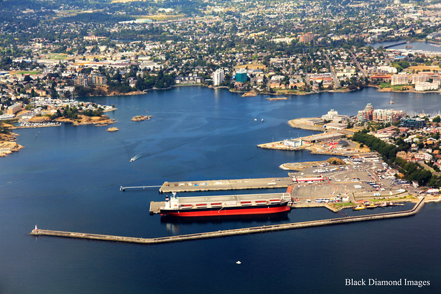 View over Ogden Point & Victoria Cruise Boat Port - Seaplane Flight, British Columbia, Canada