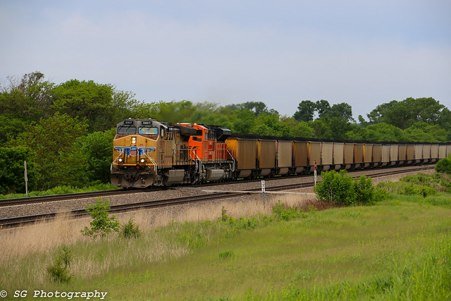 Up 5807 leads a coal load through Nebraska.