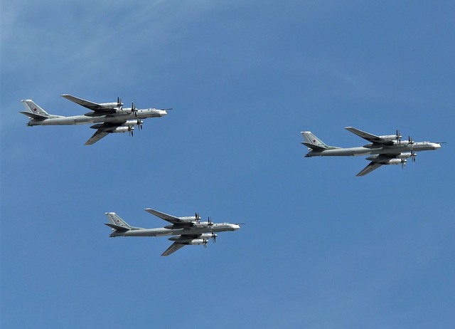 Tupolev Tu-95MS formation from the Long Range Aviation (LRA) of the Russian-Federation-Air-Force/VVS during the May parade festivities above Moscow, Russia. 9th of May 2015.