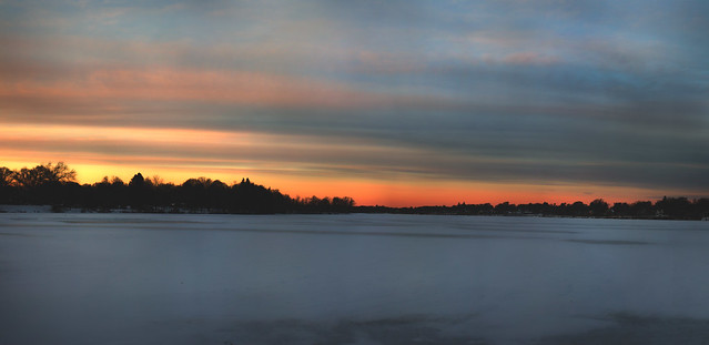 sunset over frozen Lake Quannapowitt; Wakefield, Massachusetts (2017)