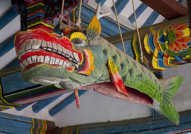 Wooden fish statue at Songbul buddhist temple, North Hwanghae Province, Sariwon, North Korea