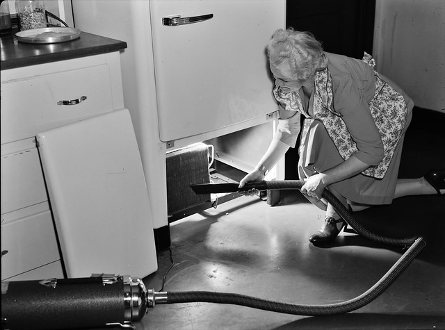 Wartime conservation tips: The motors of many refrigerators require periodic cleaning. Keep coils free from hampering dust and grime by weekly sessions with a wire brush or a vacuum attachment. February 1942.