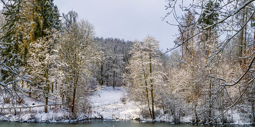 winter hof upper franconia germany theresienstein park landscape panorama snow trees pond frozen sun