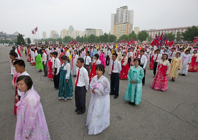 North Korean students before a mass dance performance on september 9 day of the foundation of the republic, Pyongan Province, Pyongyang, North Korea
