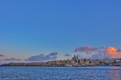 sunset city church buildings cityscape malta architecture blue valletta water