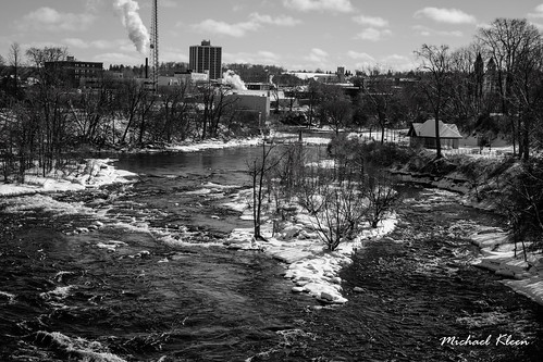 blackriver watertown newyork jeffersoncounty winter snow water river rapids blackandwhite industry