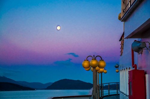 cruise europe norway handangerfjord fjord water boat deck lights moon sky sunrise pink fullmoon mountain coast