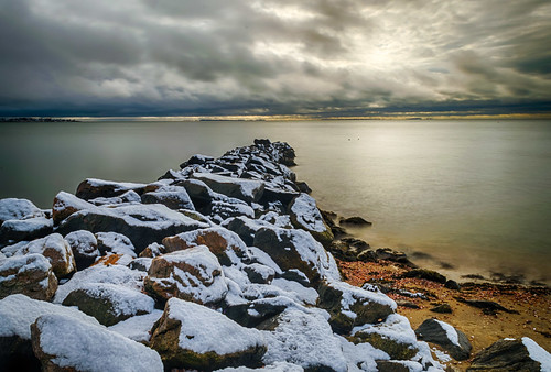 chapmanbeach christmas christmasmorning connecticut hdr longislandsound nikon nikond5300 westbrook beach clouds geotagged jetty light longexposure ocean rock rocks sand sky snow water winter unitedstates