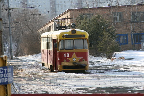 Vladivostok tram (10) between Shkolnaya.Sta and Klubnaya.Sta, Vladivostok, Primorsky Krai, Russia /Jan 3, 2018