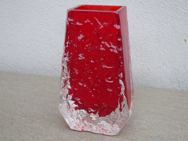 Mid Century 1960's 70's Whitefriars Ruby Red Coffin Bark Glass Vase Designed By Geoffrey Baxter