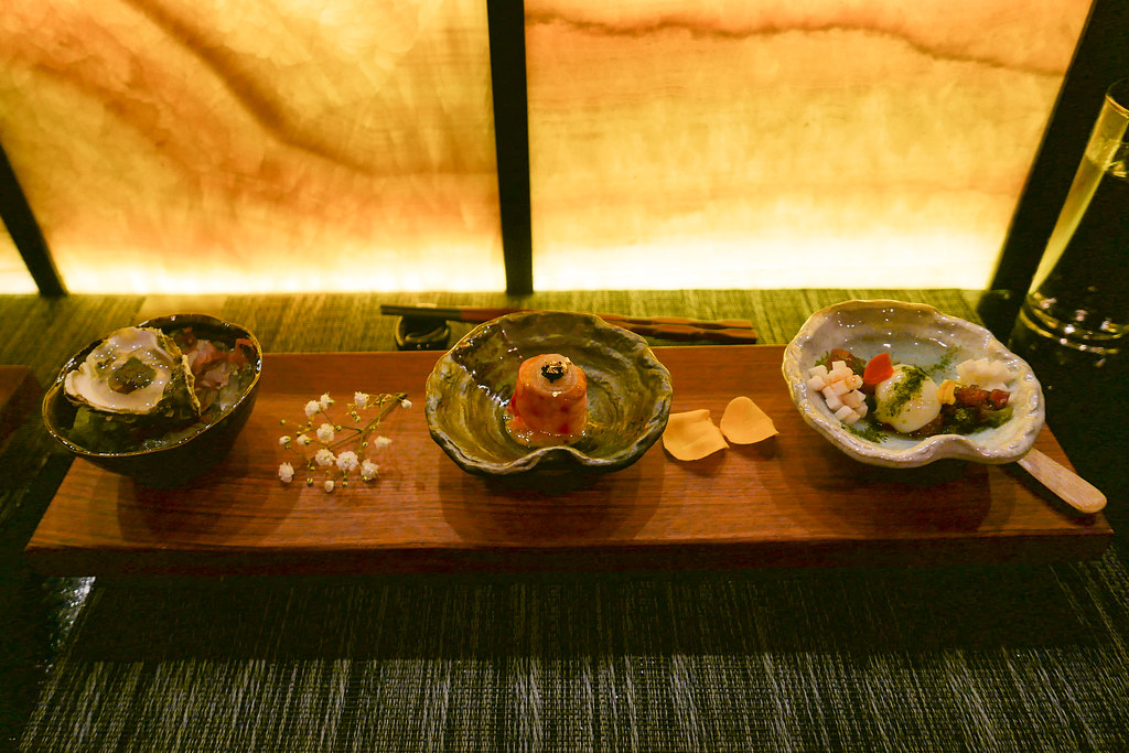 1) Kumamoto, Japanese Mignonette, Shiso 2) Kani King Crab, Kobe Butter, Uni Miso, Pickled Onion, Black Tobiko 3) Tuna, Quail Egg, Yamaimo, Wasabi Tobiko
