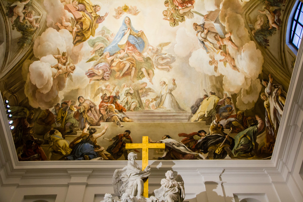 Pintura mural en boveda de Sacristia Imposicion de la Casulla a San Ildefonso Catedral de Toledo 02