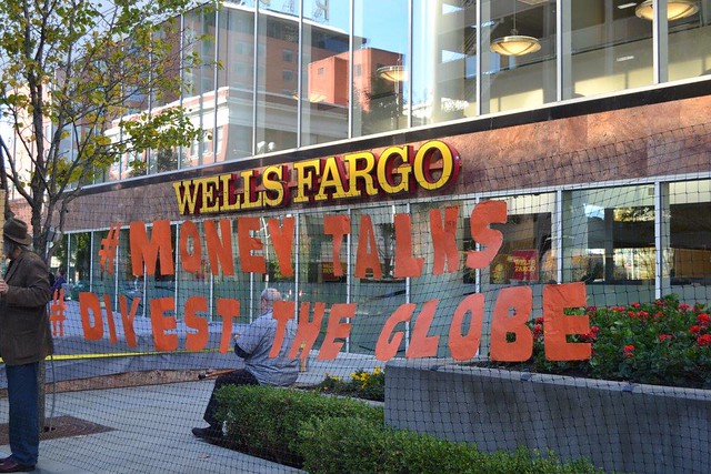 Banner at Wells Fargo Action by 350 Spokane