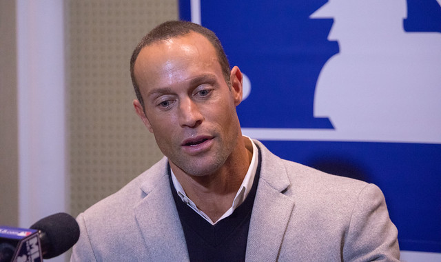 New Phillies manager Gabe Kapler talks to reporters at the Winter Meetings.