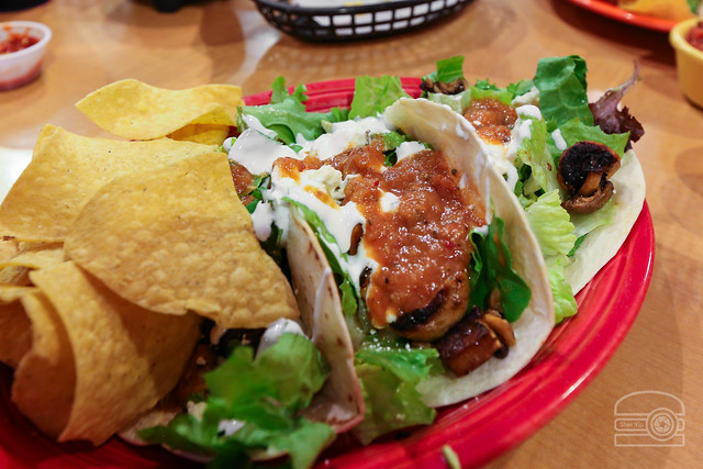 Tacos w/ Marined, Seared Mushrooms, Feta Cheese, Avocado, Sour Cream, and Chipotle Salsa - Black Bear Burritos Evansdale