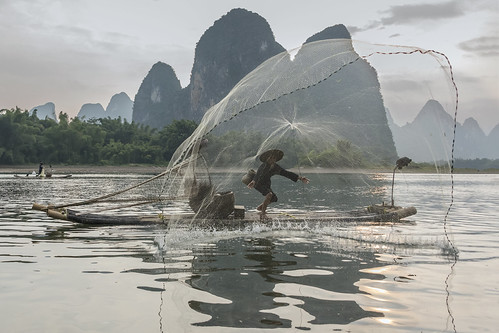 The cast net by tmeallen, Near sunset on the Li River a cormorant fisherman and his birds are framed by a perfect throw of his