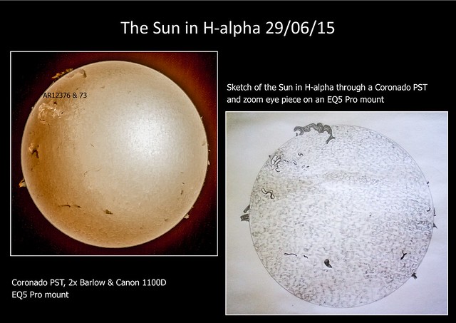 Sun in H-alpha, photo & sketch 30/06/15