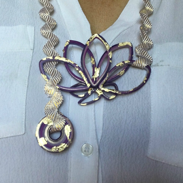 Quilled Paper Lariat Necklace - Purple and Gold Foil