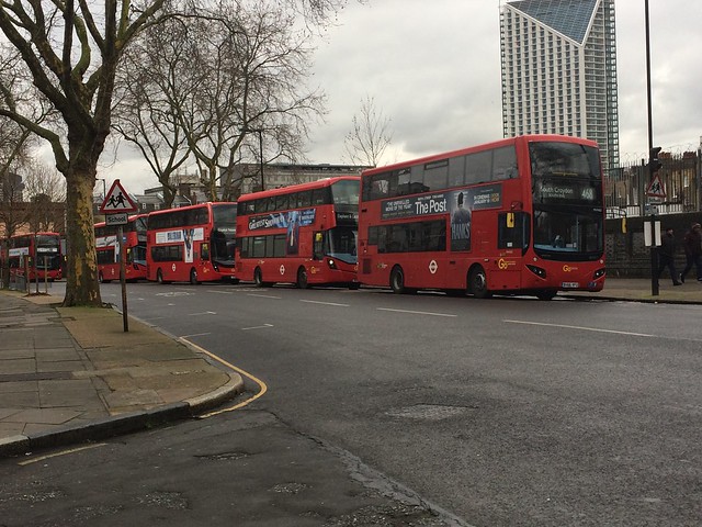 A row of red buses