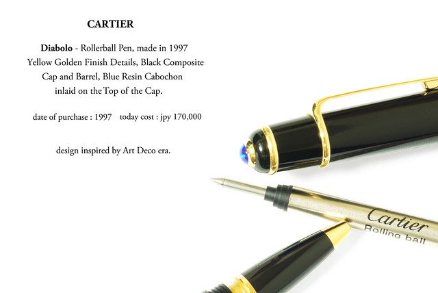 CARTIER “ Diabolo ” - Rollerball Pen, made in 1997. Produced in France. Yellow Golden Finish Details, Black Composite Cap and Barrel, Blue Resin Cabochon inlaid on the Top of the Cap. Design Inspired by Art Deco Era.