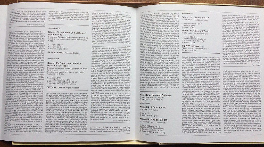 Booklet Inside Mozart - Samtliche Konzerte fur Blaser, Complet Concertos for Wind Instruments KV313, KV314, KV622, KV191, KV412, KV417, KV447, KV495, KV299 - Werner Tripp & Wolfgang Schulz Flute, Gerhard Turetschek & Walter Lehmayer Oboe, Dietmar Zeman &