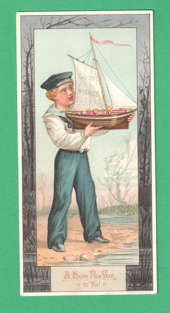 s-l16001879 LOUIS PRANG NEW YEAR GREETING CARD BOY SAILOR WITH TOY SAILBOAT RIVER